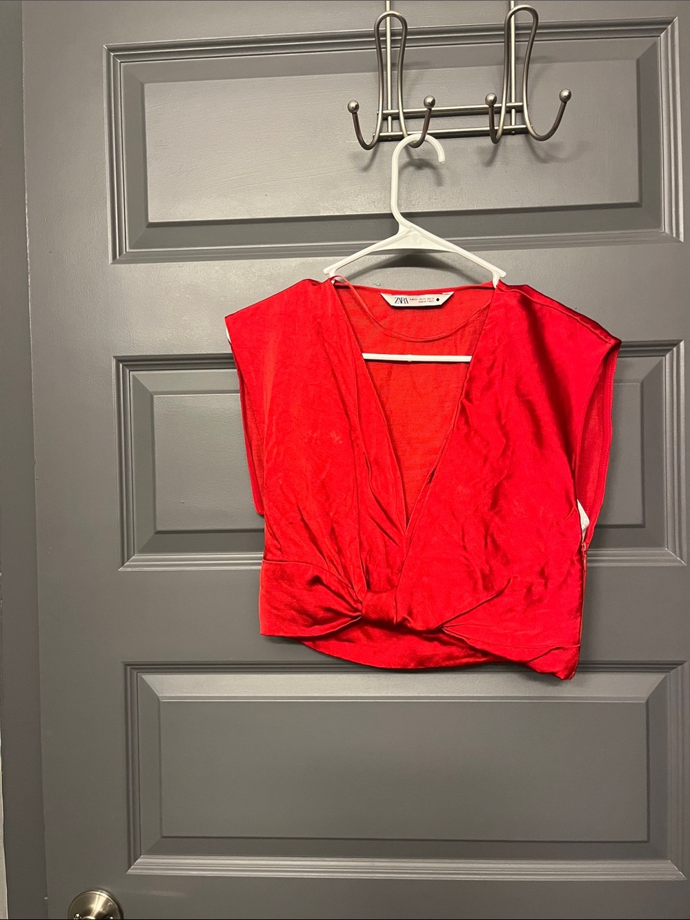 Zara Bright Red Twist-Front V-Neck Crop Top